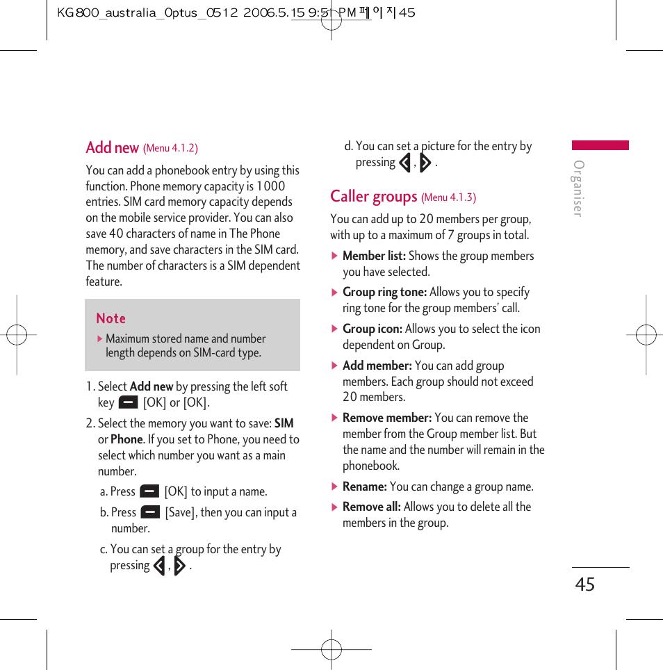 Add new, Caller groups | LG Chocolate KG800 User Manual | Page 46 / 97