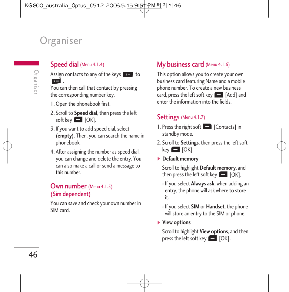 Organiser, Speed dial, Own number | My business card, Settings | LG Chocolate KG800 User Manual | Page 47 / 97