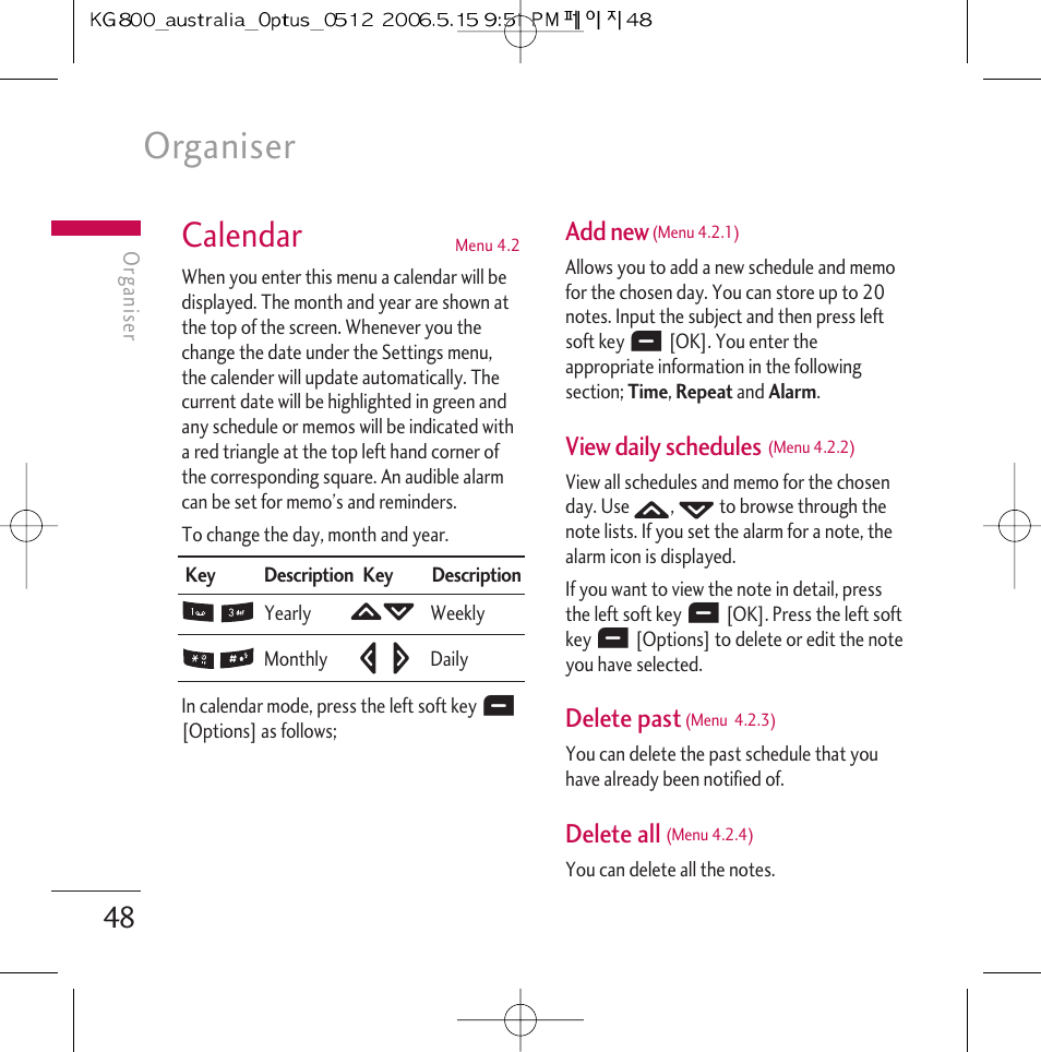 Organiser, Calendar, Add new | View daily schedules, Delete past, Delete all | LG Chocolate KG800 User Manual | Page 49 / 97