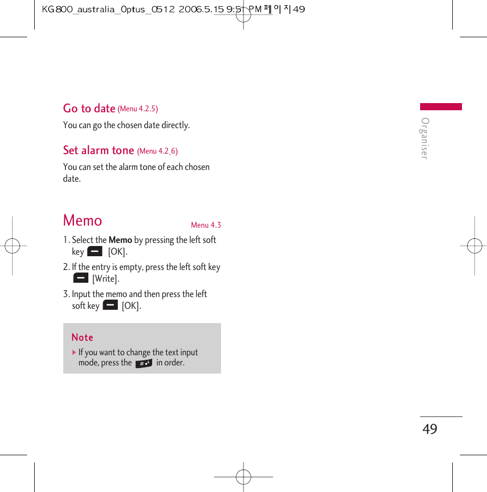 Go to date, Set alarm tone | LG Chocolate KG800 User Manual | Page 50 / 97