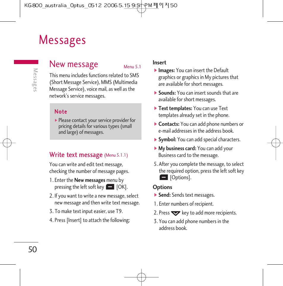 Messages, New message, Write text message | LG Chocolate KG800 User Manual | Page 51 / 97