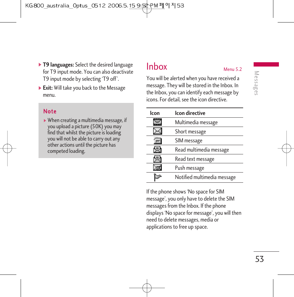 Inbox | LG Chocolate KG800 User Manual | Page 54 / 97