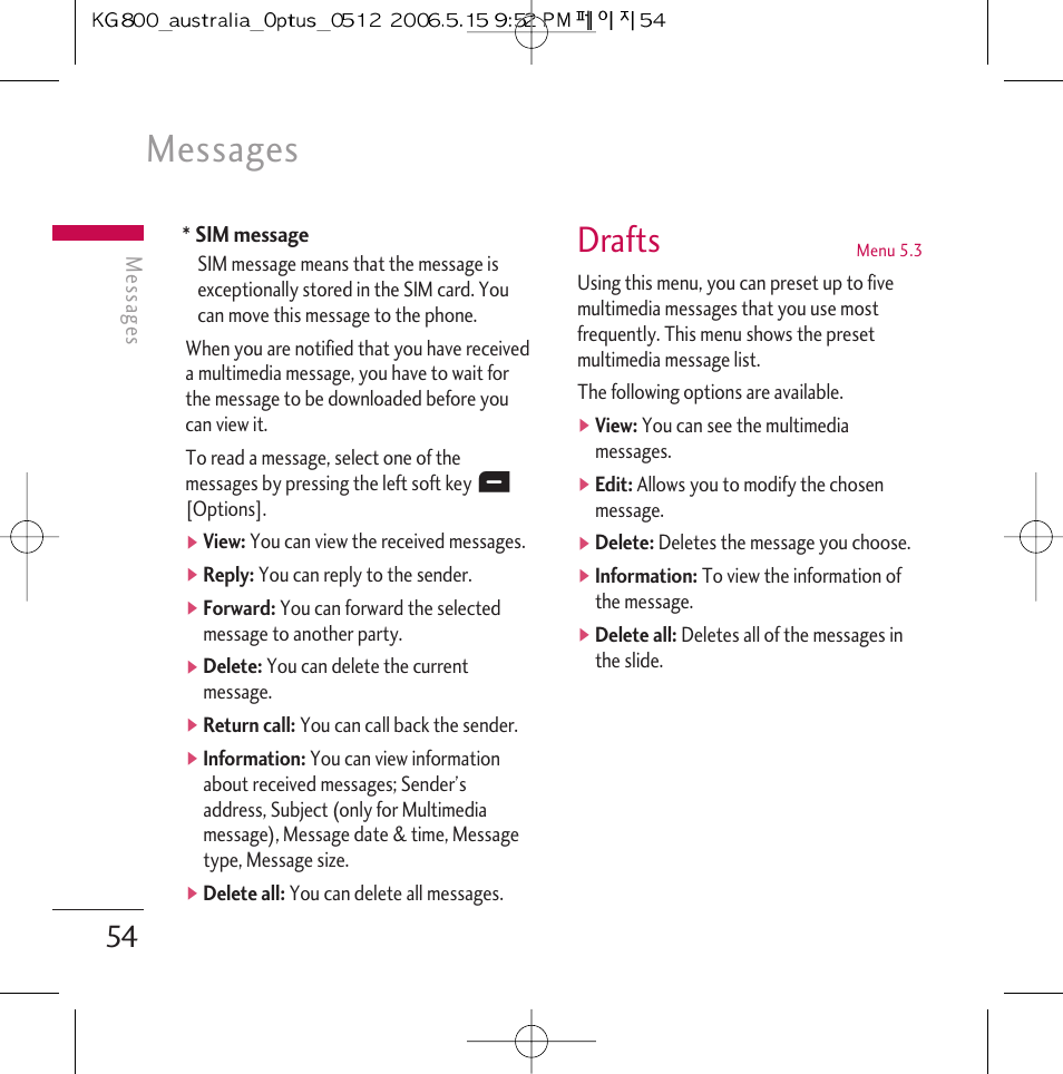 Messages, Drafts | LG Chocolate KG800 User Manual | Page 55 / 97