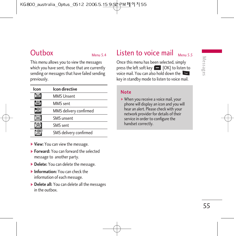 Outbox, Listen to voice mail | LG Chocolate KG800 User Manual | Page 56 / 97