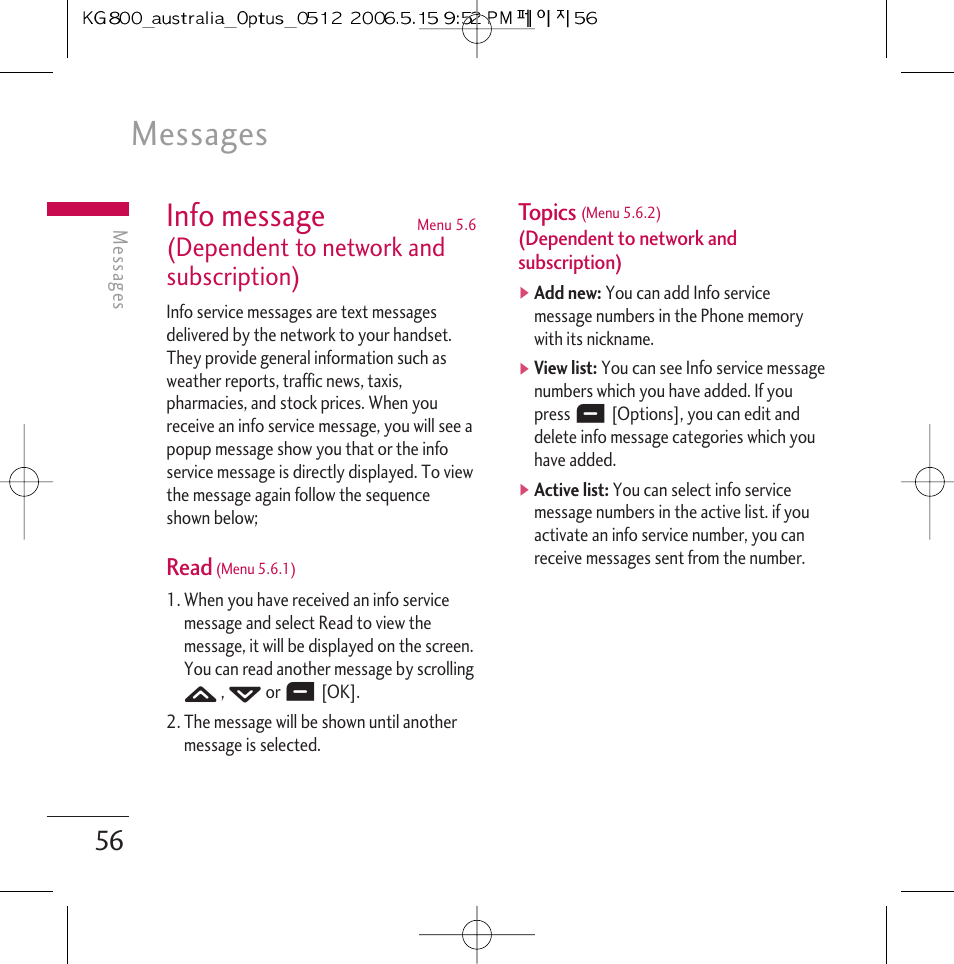 Messages, Info message, Dependent to network and subscription) | Read, Topics | LG Chocolate KG800 User Manual | Page 57 / 97