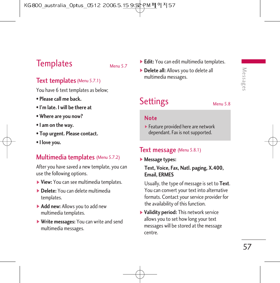 Templates, Settings, Text templates | Multimedia templates, Text message | LG Chocolate KG800 User Manual | Page 58 / 97