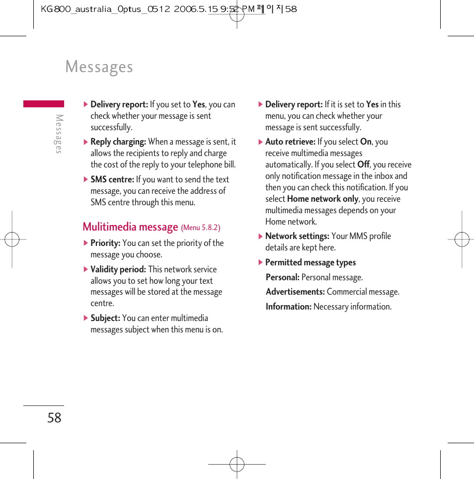 Messages, Mulitimedia message | LG Chocolate KG800 User Manual | Page 59 / 97