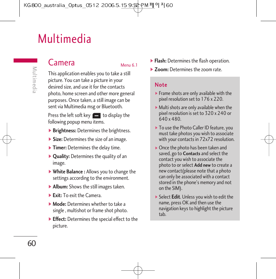 Multimedia, Camera | LG Chocolate KG800 User Manual | Page 61 / 97