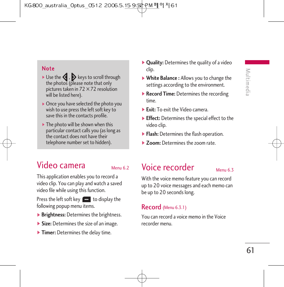 Video camera, Voice recorder, Record | LG Chocolate KG800 User Manual | Page 62 / 97