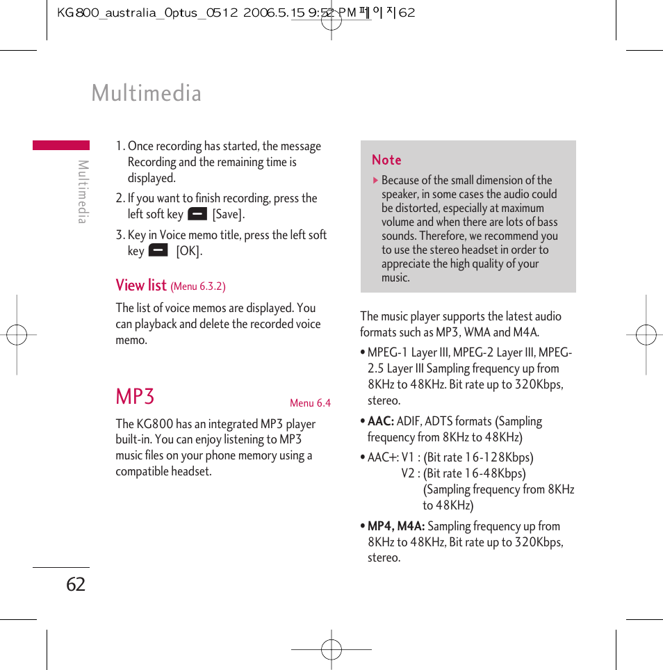 Multimedia, View list | LG Chocolate KG800 User Manual | Page 63 / 97