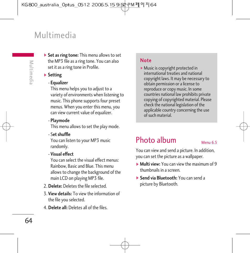 Multimedia, Photo album | LG Chocolate KG800 User Manual | Page 65 / 97