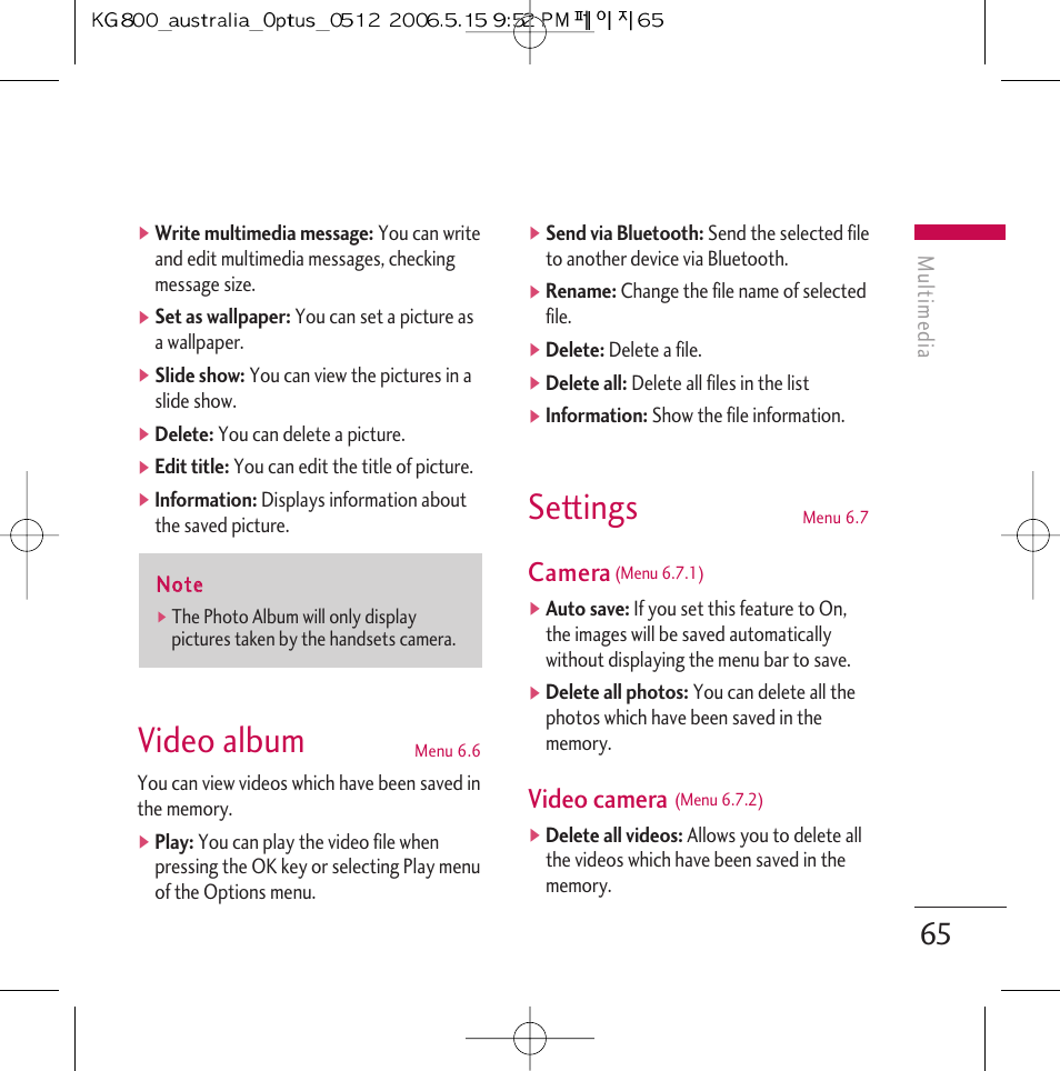 Video album, Settings, Camera | Video camera | LG Chocolate KG800 User Manual | Page 66 / 97