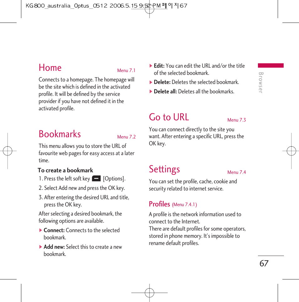 Home, Bookmarks, Go to url | Settings, Profiles | LG Chocolate KG800 User Manual | Page 68 / 97