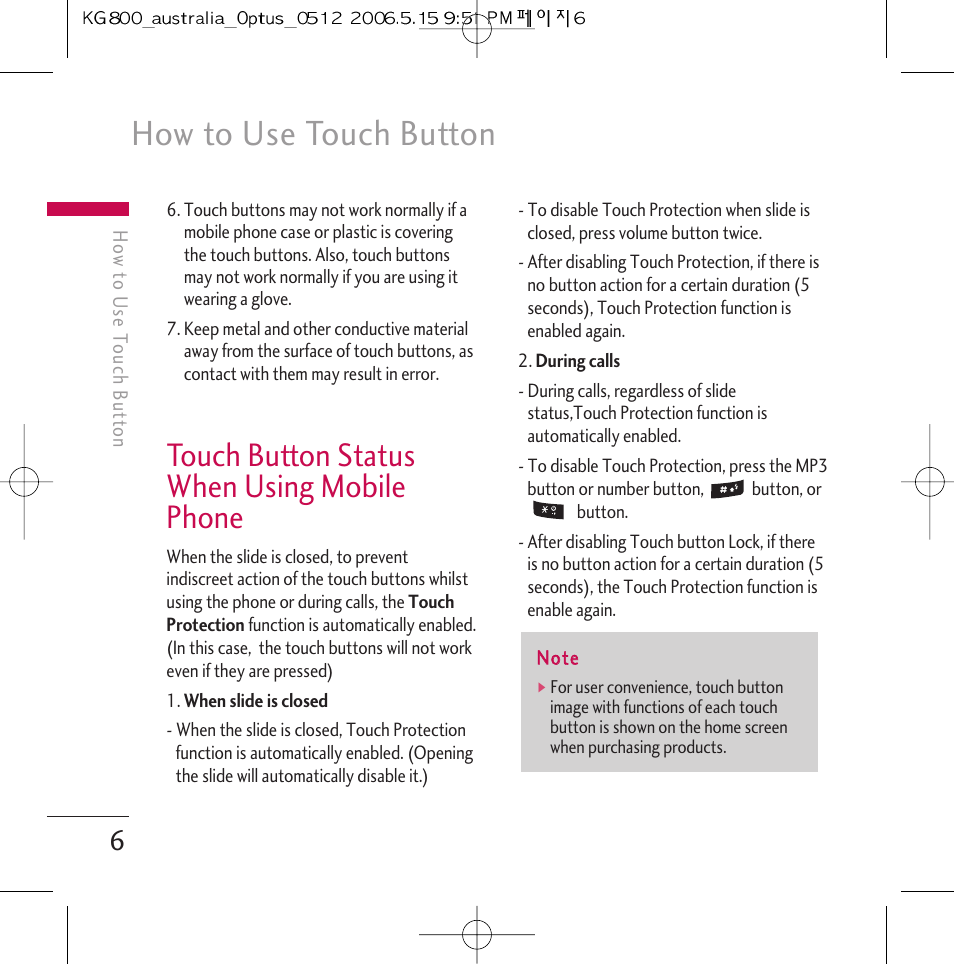 How to use touch button, Touch button status when using mobile phone | LG Chocolate KG800 User Manual | Page 7 / 97