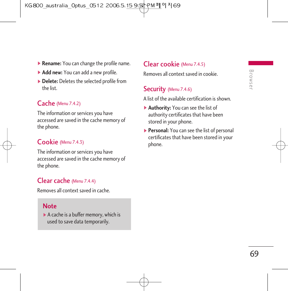 Cache, Cookie, Clear cache | Clear cookie, Security | LG Chocolate KG800 User Manual | Page 70 / 97