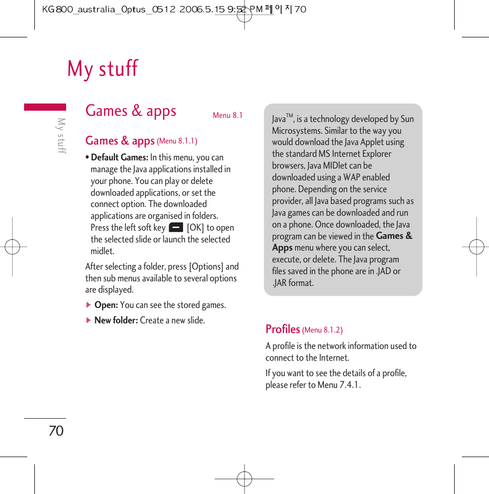 My stuff, Games & apps, Profiles | LG Chocolate KG800 User Manual | Page 71 / 97