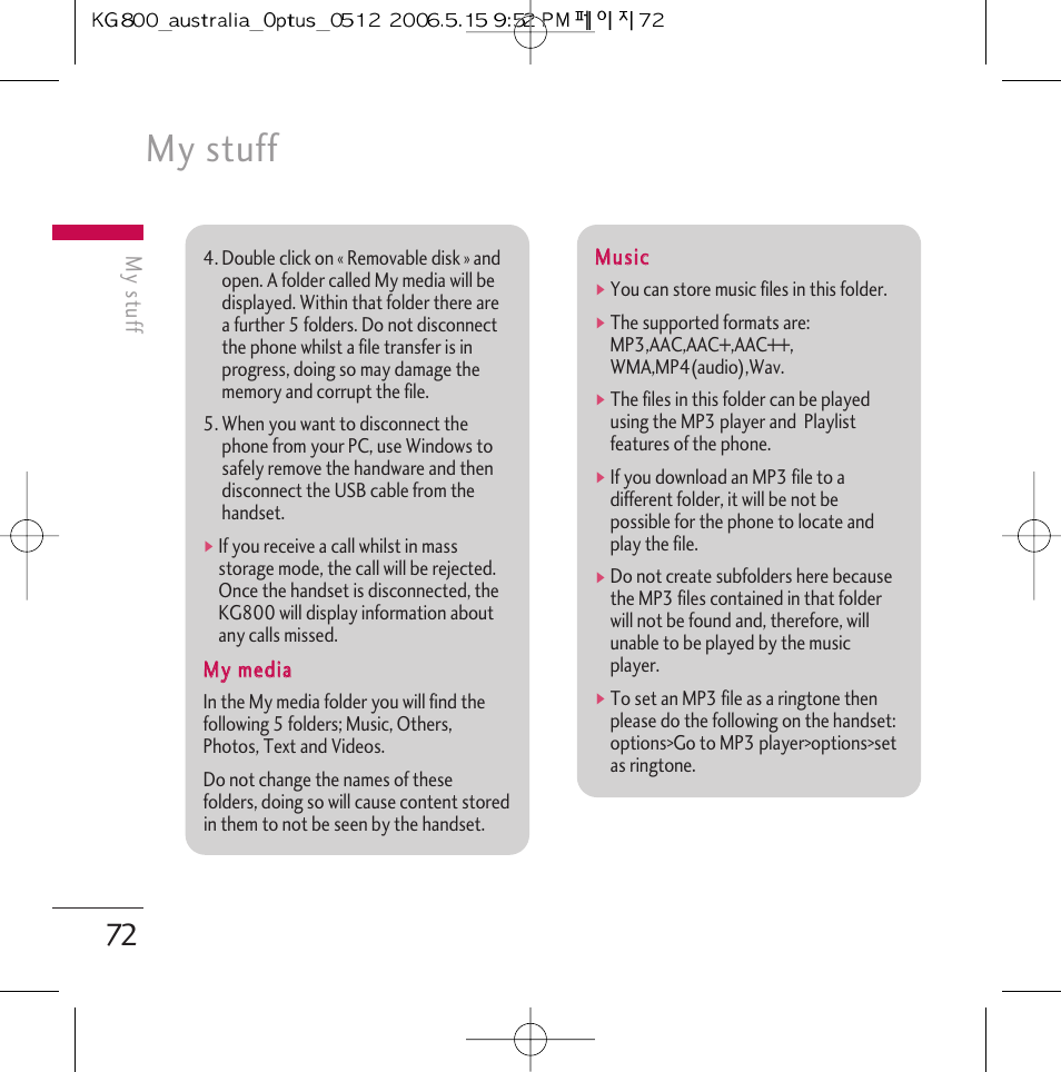 My stuff | LG Chocolate KG800 User Manual | Page 73 / 97