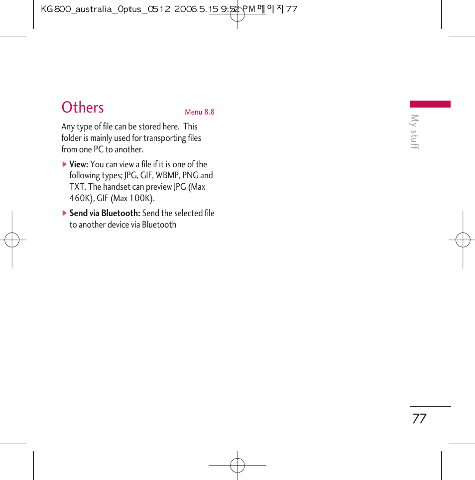 Others | LG Chocolate KG800 User Manual | Page 78 / 97