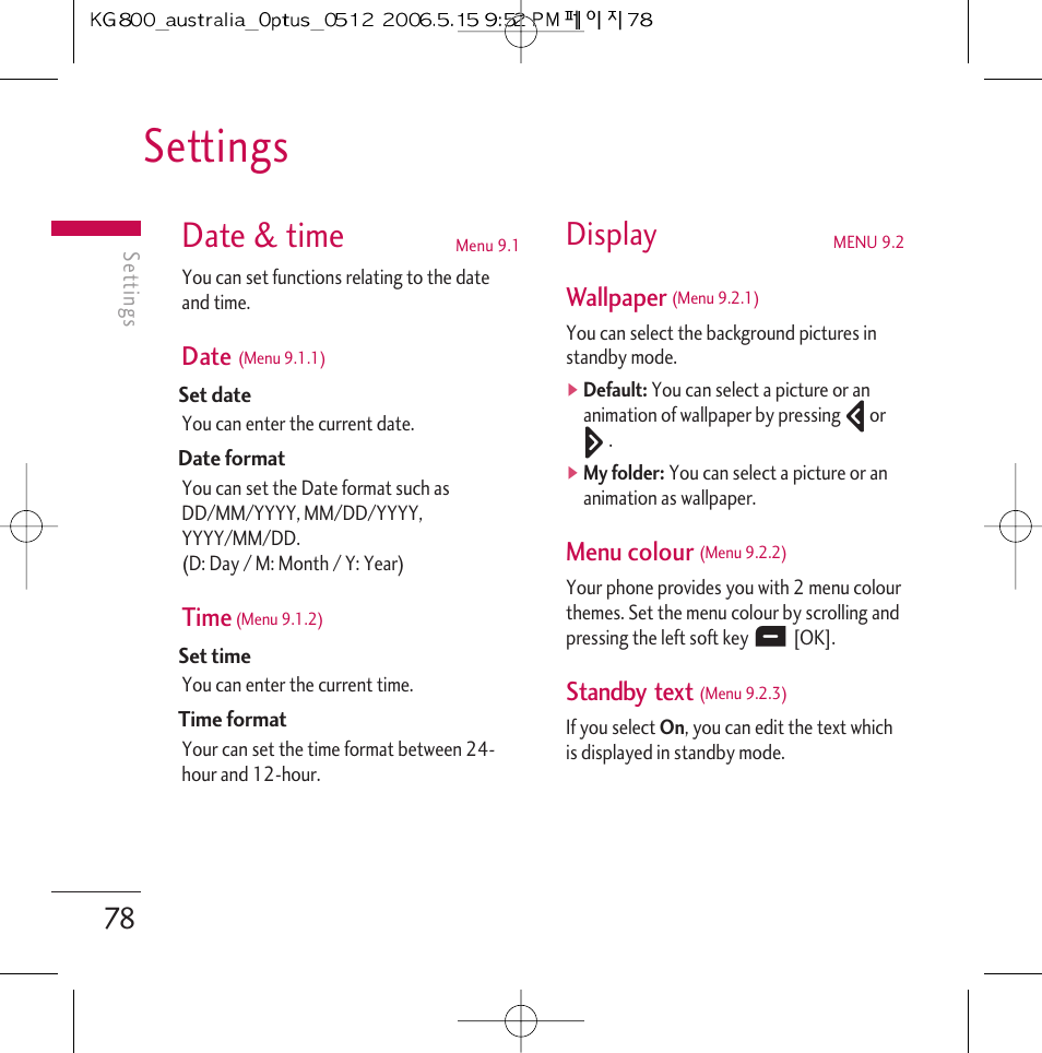 Settings, Date & time, Display | Date, Time, Wallpaper, Menu colour, Standby text | LG Chocolate KG800 User Manual | Page 79 / 97