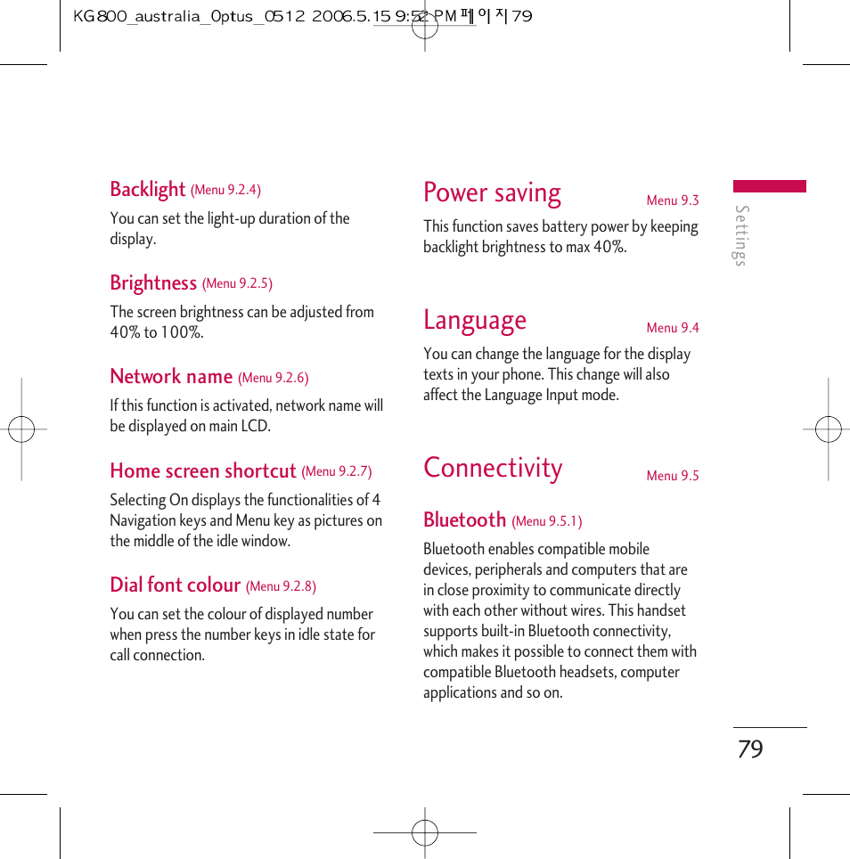 Power saving, Language, Connectivity | Backlight, Brightness, Network name, Home screen shortcut, Dial font colour, Bluetooth | LG Chocolate KG800 User Manual | Page 80 / 97