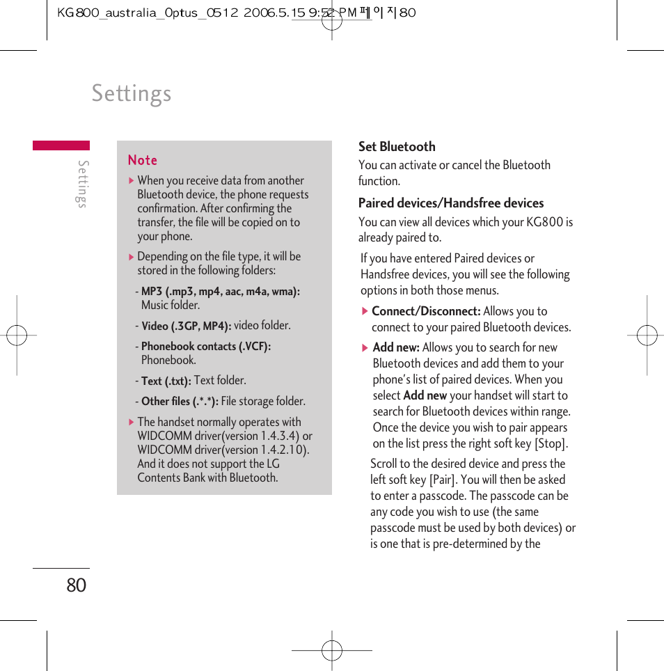 Settings | LG Chocolate KG800 User Manual | Page 81 / 97