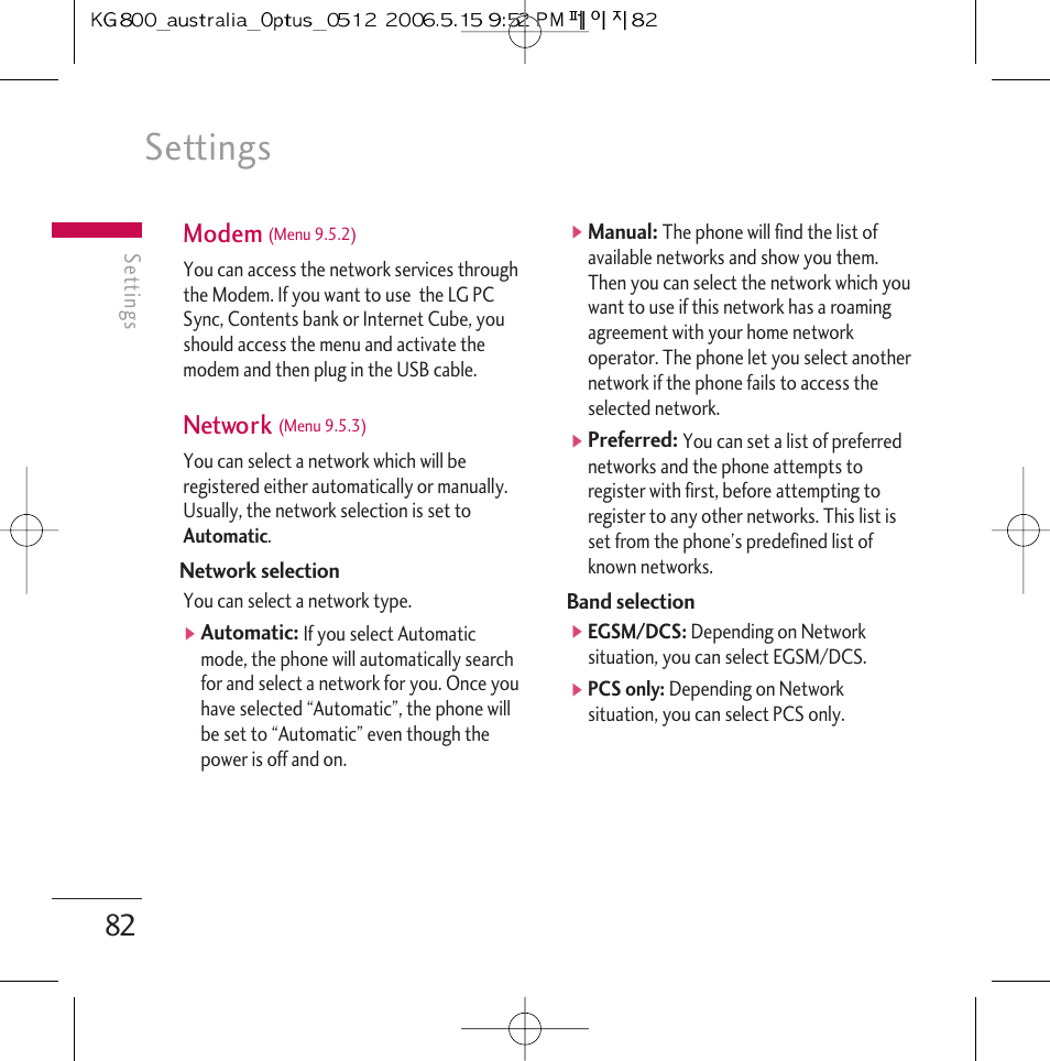 Settings, Modem, Network | LG Chocolate KG800 User Manual | Page 83 / 97