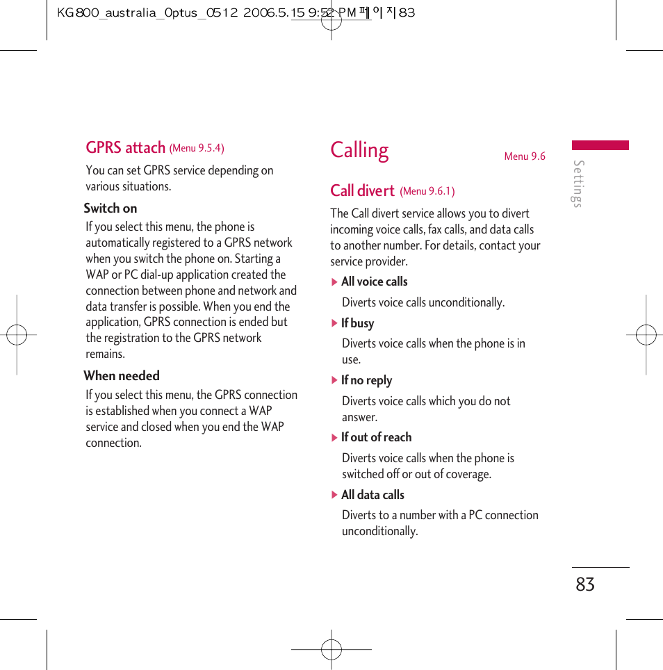 Calling, Gprs attach, Call divert | LG Chocolate KG800 User Manual | Page 84 / 97