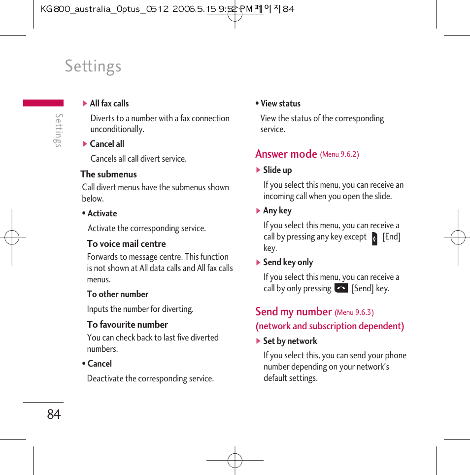 Settings, Answer mode, Send my number | LG Chocolate KG800 User Manual | Page 85 / 97