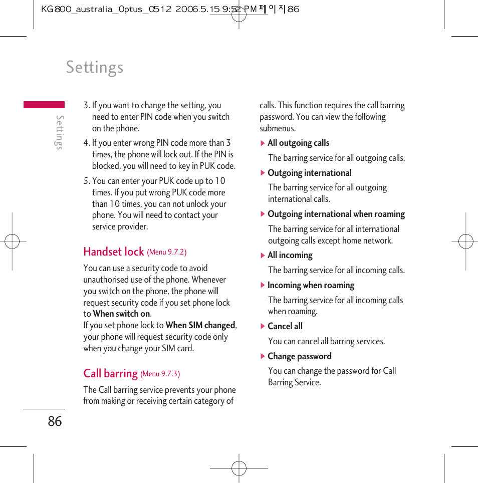 Settings, Handset lock, Call barring | LG Chocolate KG800 User Manual | Page 87 / 97