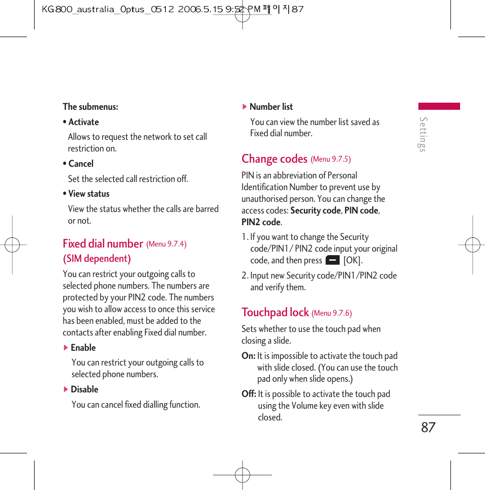 Fixed dial number, Change codes, Touchpad lock | LG Chocolate KG800 User Manual | Page 88 / 97