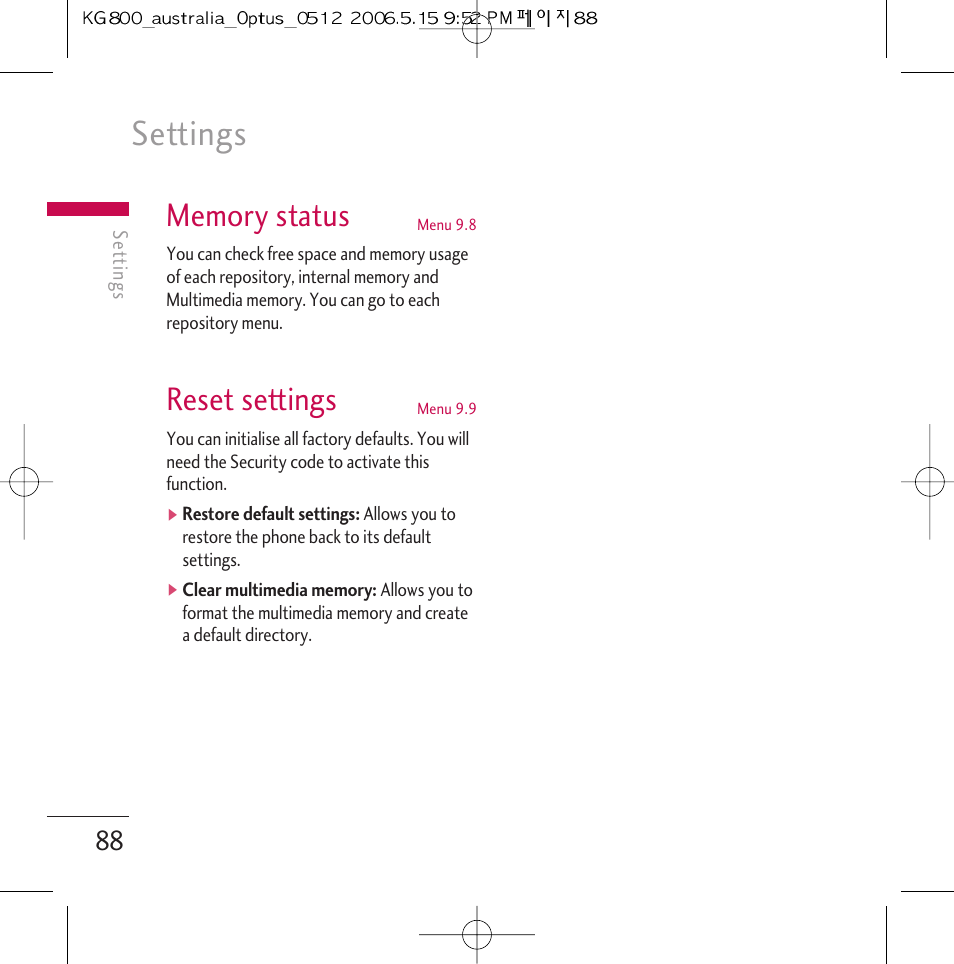 Settings, Reset settings | LG Chocolate KG800 User Manual | Page 89 / 97