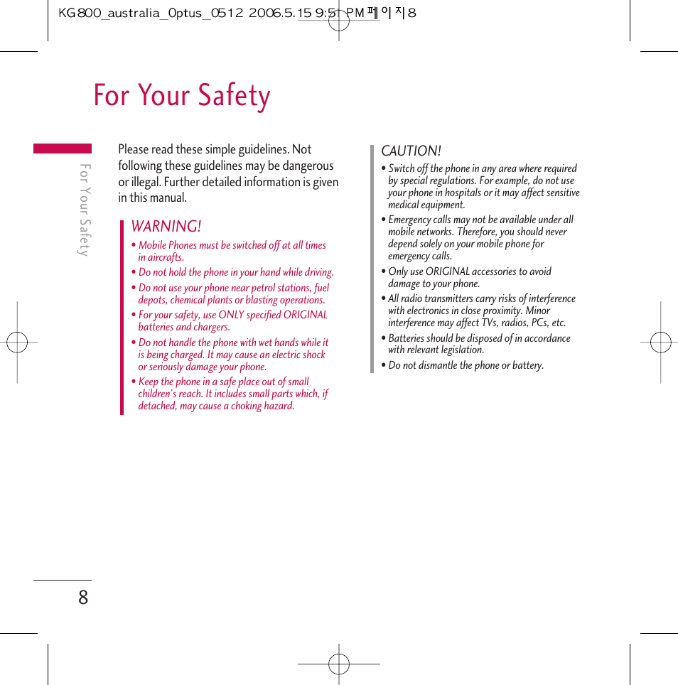 For your safety, Warning | LG Chocolate KG800 User Manual | Page 9 / 97