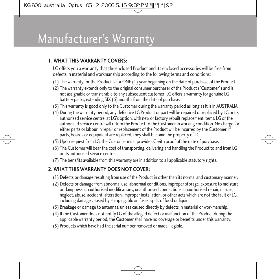 Manufacturer’s warranty | LG Chocolate KG800 User Manual | Page 93 / 97