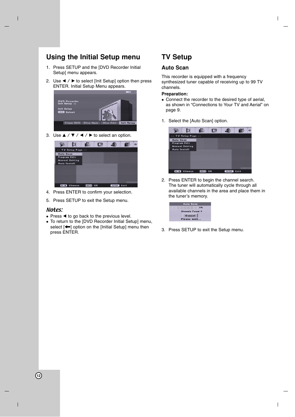 Using the initial setup menu, Tv setup | LG DR7400 User Manual | Page 12 / 47
