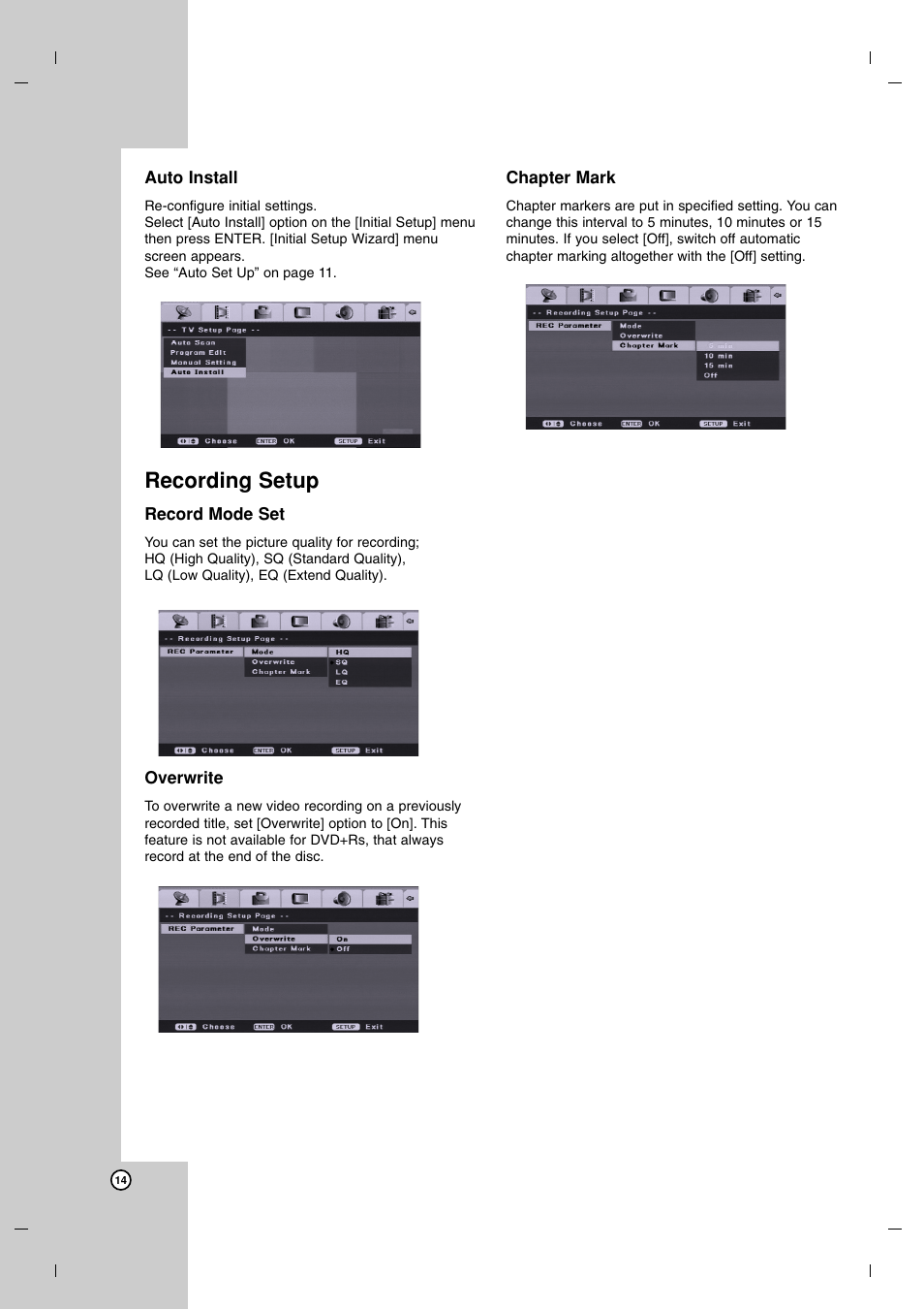 Recording setup | LG DR7400 User Manual | Page 14 / 47