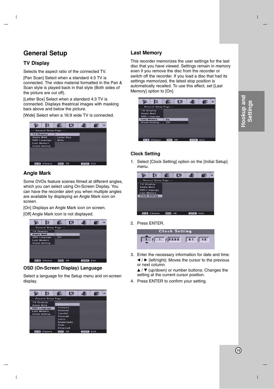 General setup, Hookup and settings | LG DR7400 User Manual | Page 15 / 47