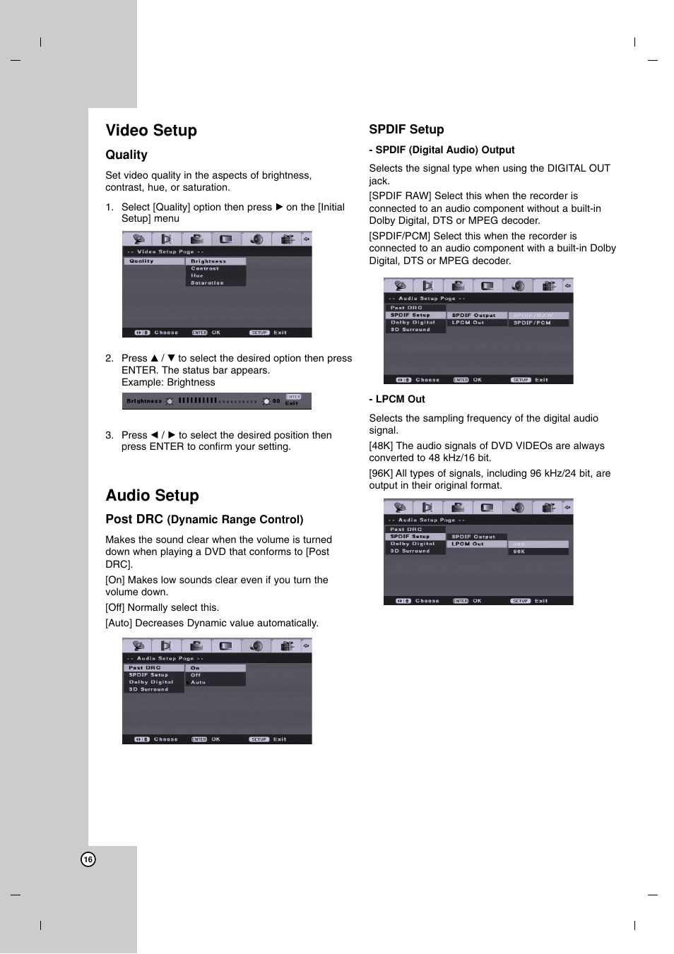 Video setup, Audio setup | LG DR7400 User Manual | Page 16 / 47