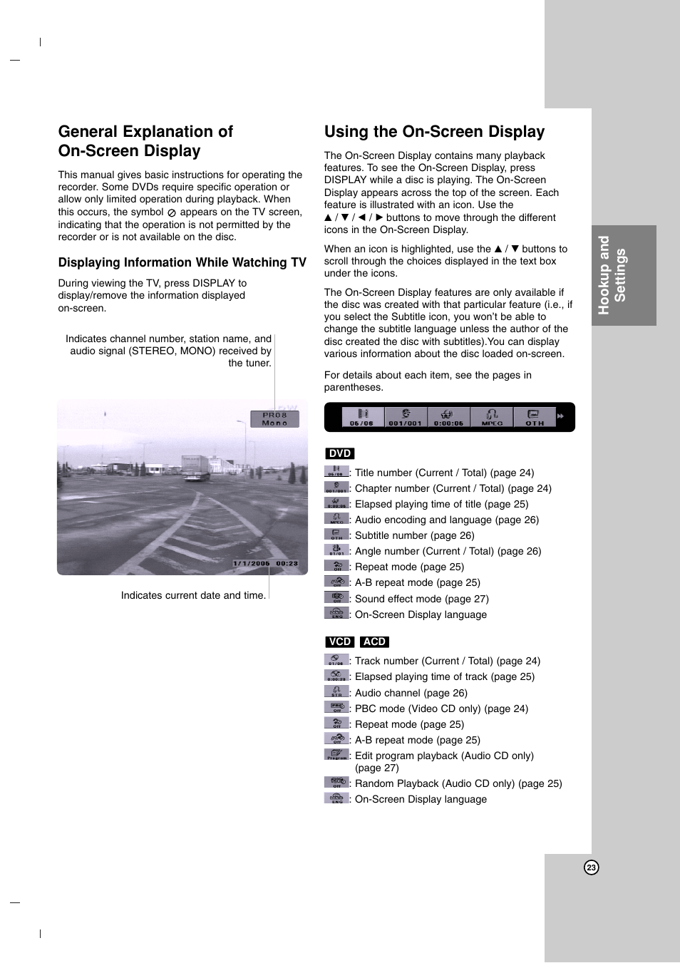 General explanation of on-screen display, Using the on-screen display, Hookup and settings | LG DR7400 User Manual | Page 23 / 47