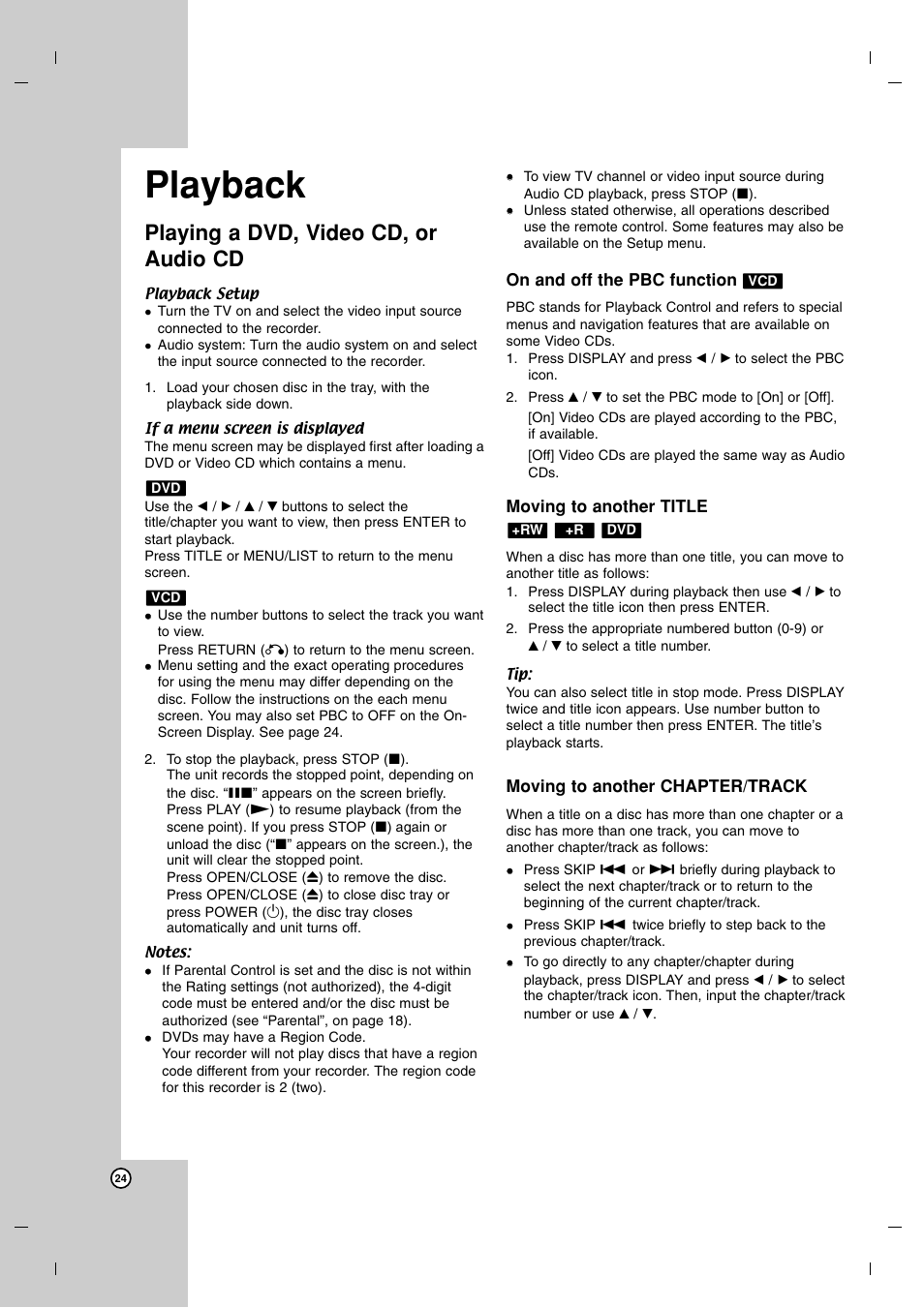 Playback, Playing a dvd, video cd, or audio cd | LG DR7400 User Manual | Page 24 / 47