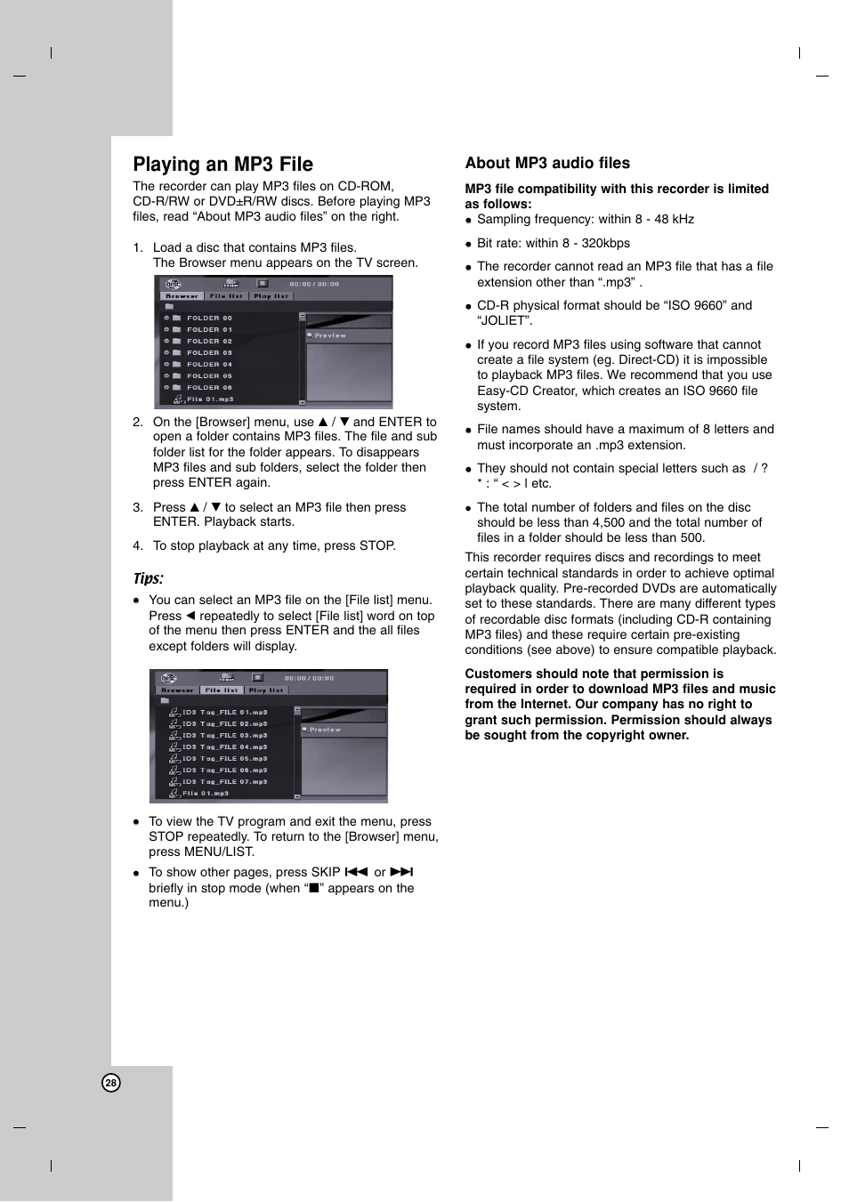 Playing an mp3 file | LG DR7400 User Manual | Page 28 / 47