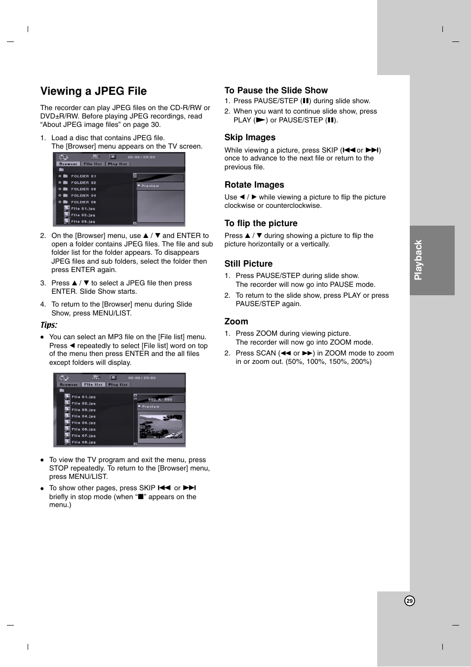 Viewing a jpeg file, Playback | LG DR7400 User Manual | Page 29 / 47
