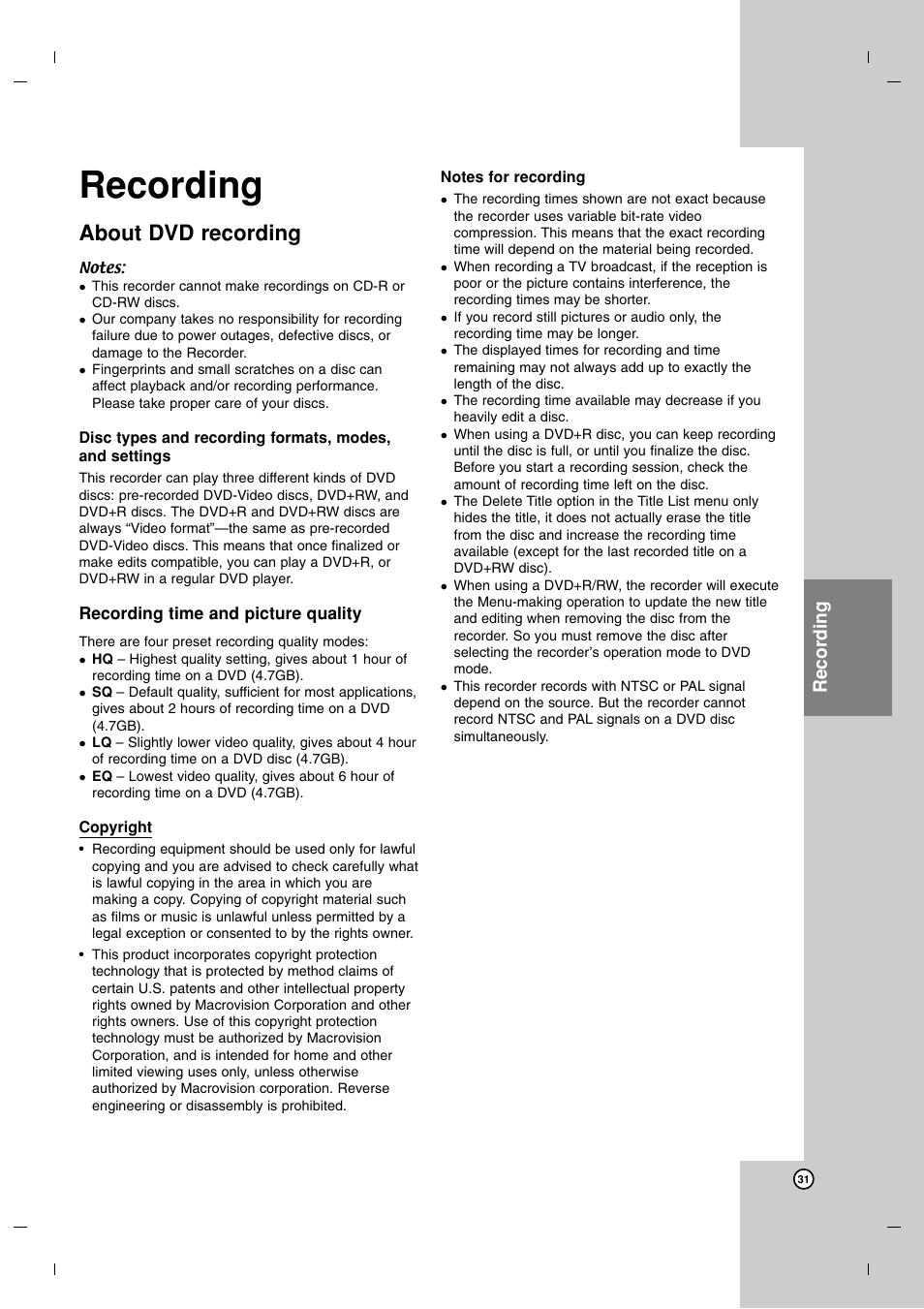 Recording, About dvd recording | LG DR7400 User Manual | Page 31 / 47