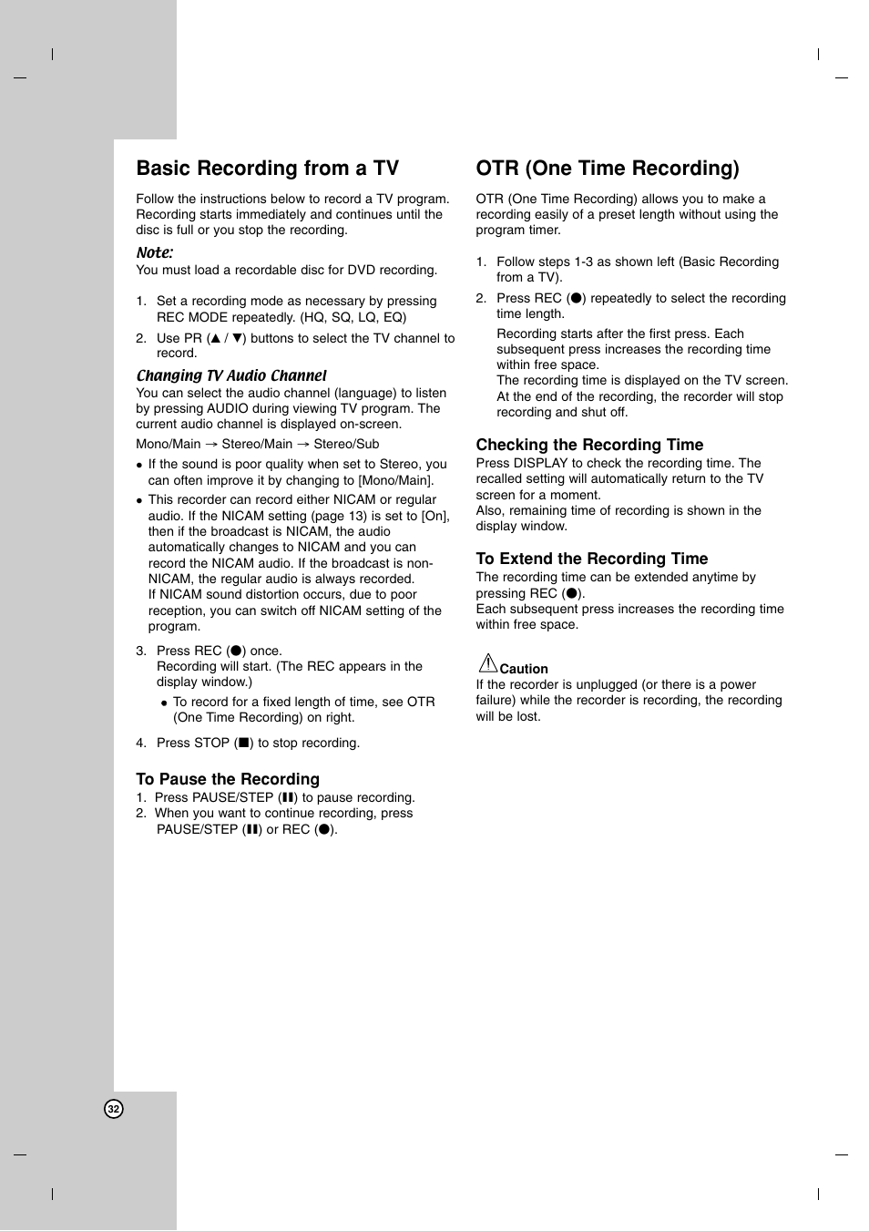 Basic recording from a tv, Otr (one time recording) | LG DR7400 User Manual | Page 32 / 47