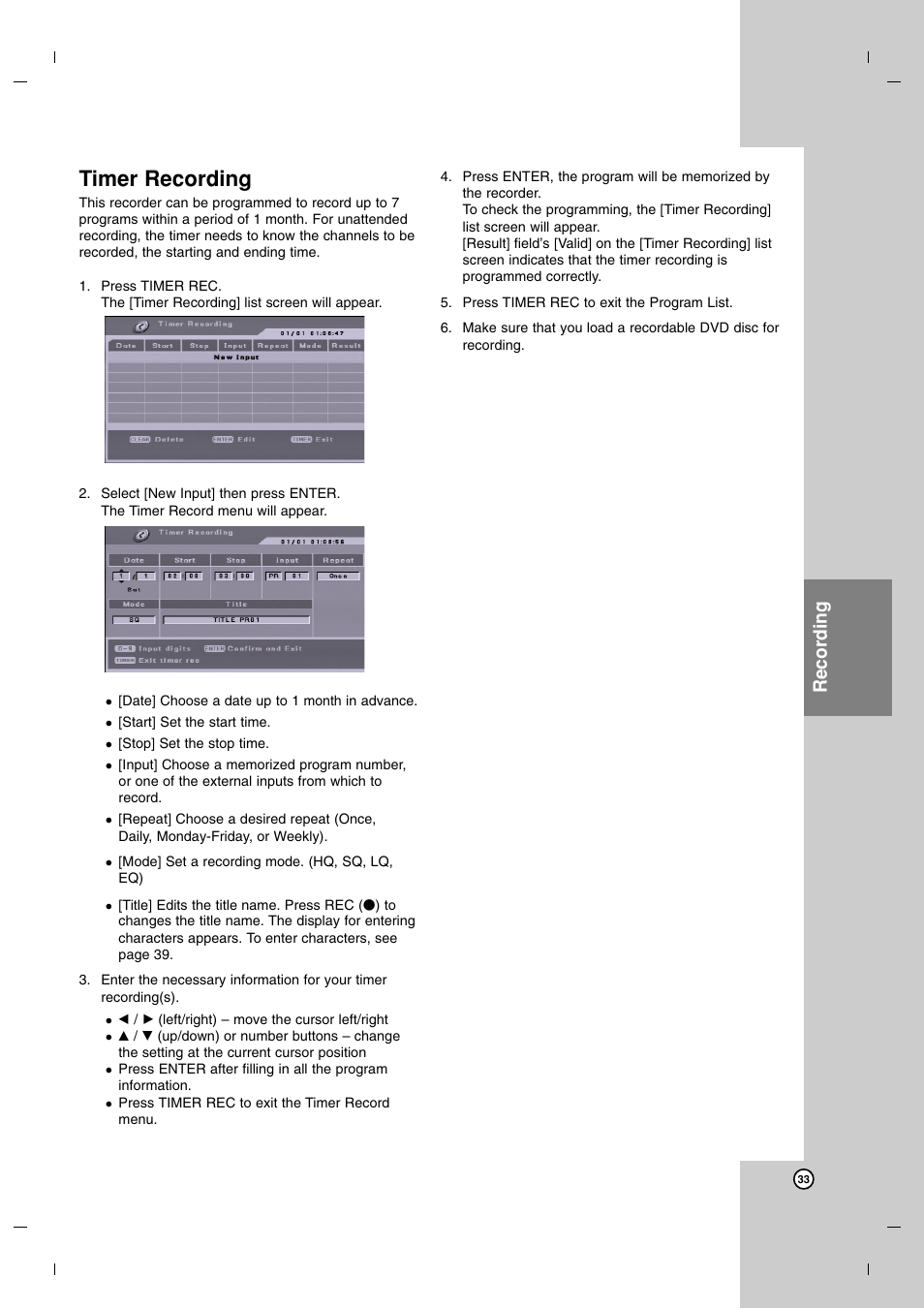 Timer recording, Recording | LG DR7400 User Manual | Page 33 / 47