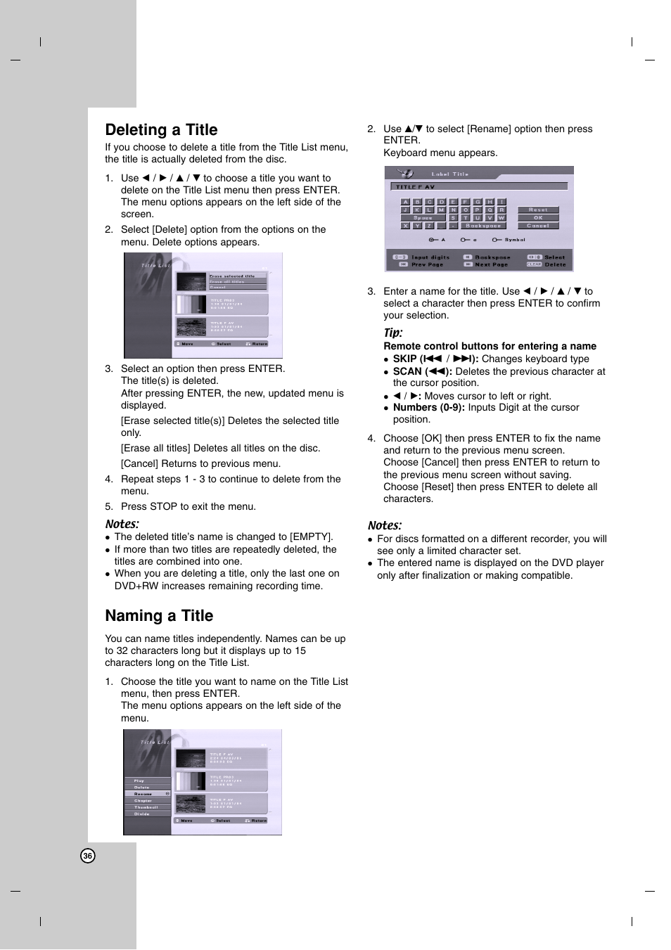 Deleting a title, Naming a title | LG DR7400 User Manual | Page 36 / 47