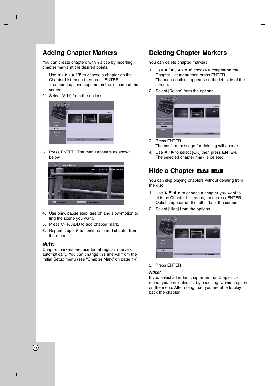 Adding chapter markers, Deleting chapter markers, Hide a chapter | LG DR7400 User Manual | Page 38 / 47