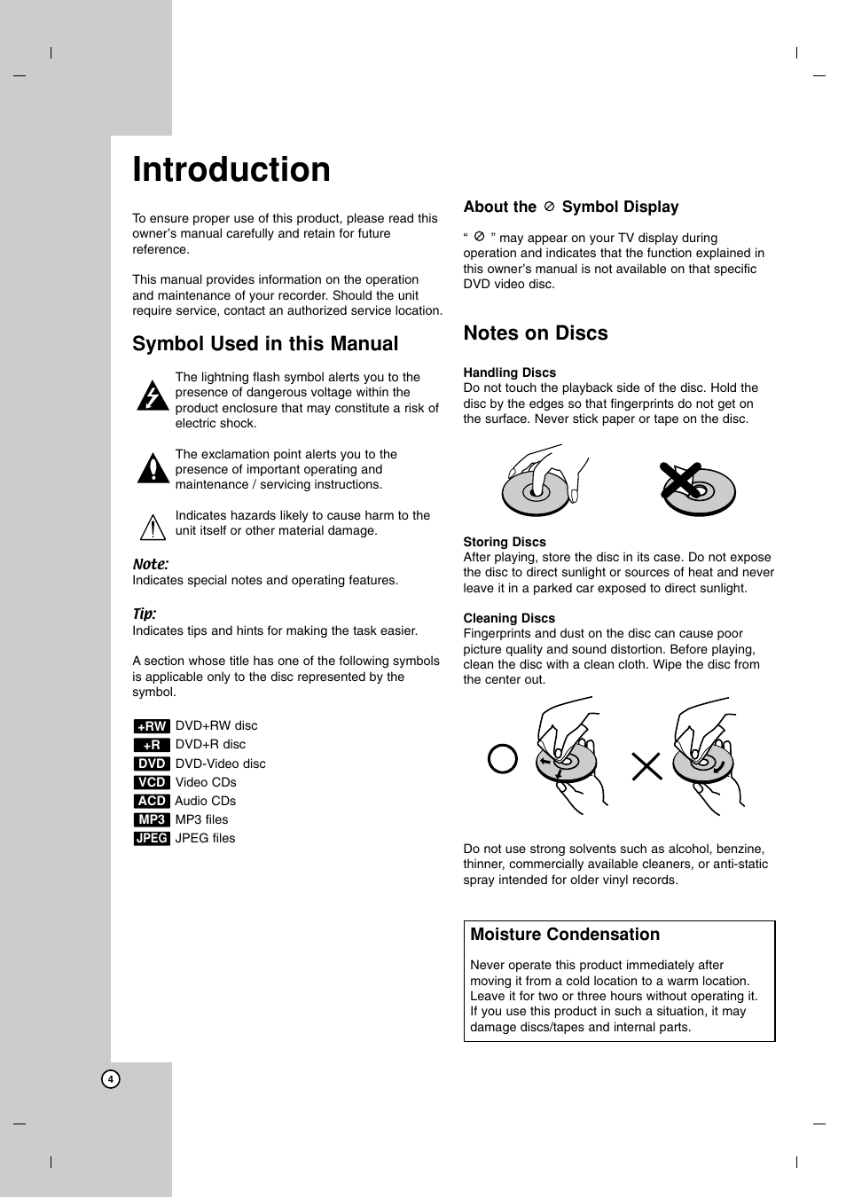 Introduction, Symbol used in this manual, Moisture condensation | LG DR7400 User Manual | Page 4 / 47