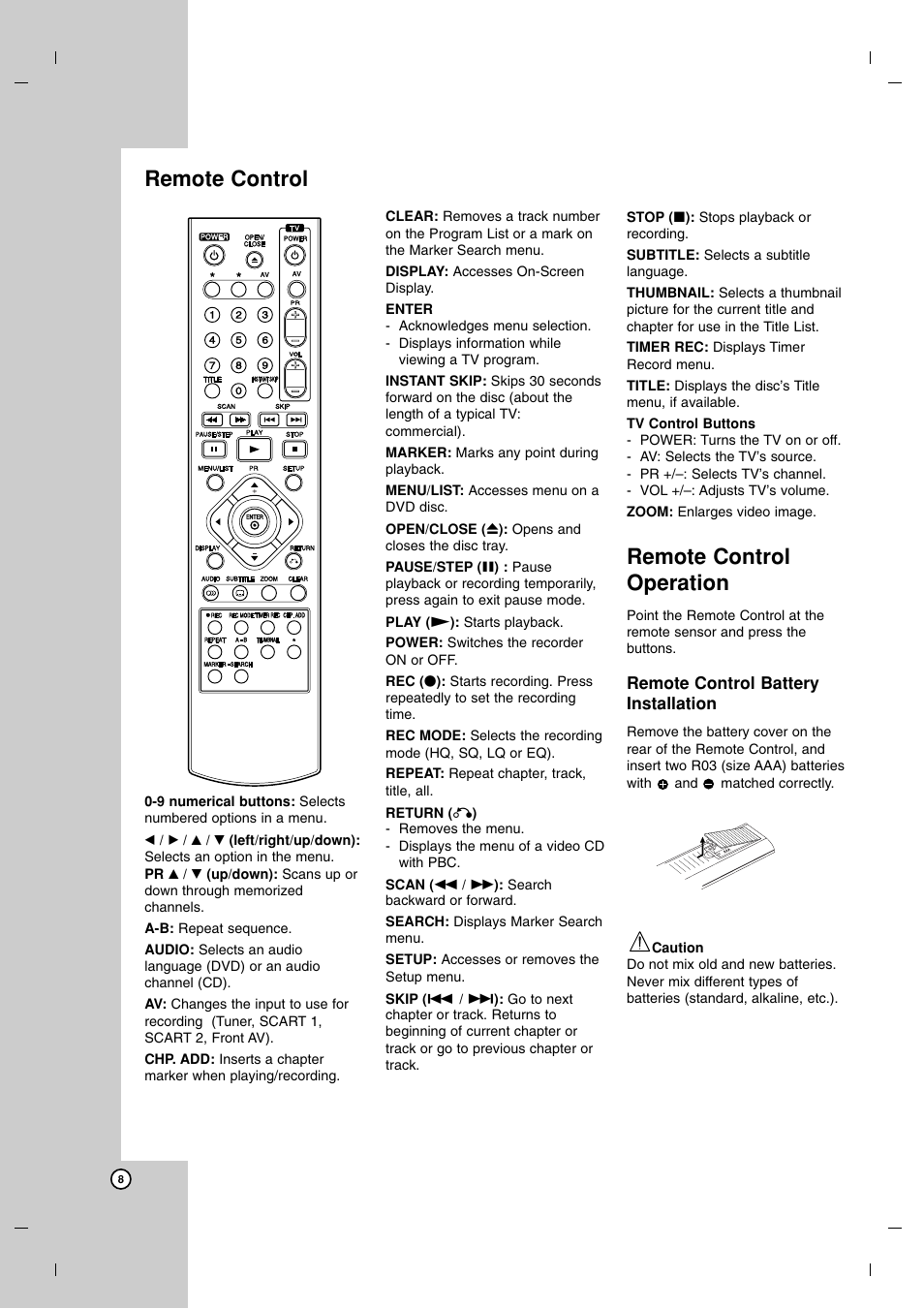 Remote control operation, Remote control | LG DR7400 User Manual | Page 8 / 47