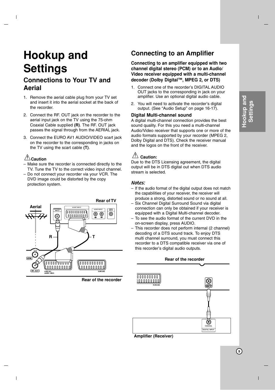 Connections to your tv and aerial, Connecting to an amplifier, Hookup and settings | LG DR7400 User Manual | Page 9 / 47