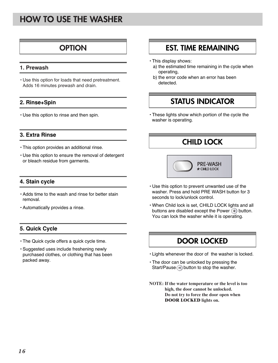 How to use the washer, Option child lock door locked, Status indicator | Est. time remaining | LG WM2277H series User Manual | Page 18 / 50